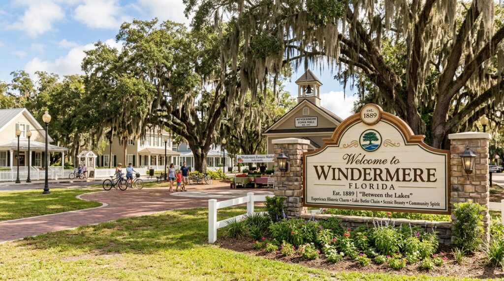 Windermere Town square with Welcome sign