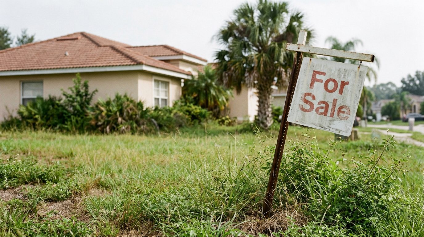 Faded For Sale sign in tall grass in front of a Central Florida home, a sign the house was priced too high and sat on the market.